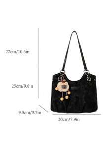 Bolso de hombro con textura de tie-dye esmerilado y desgastado, colgante de peluche suave con diseño de dibujos animados, diseño plisado casual, gran capacidad versátil, puede contener teléfono, libros, paraguas, cosméticos, adecuado para ir al trabajo, compras, citas, viajes cortos - Negro - Ver 2