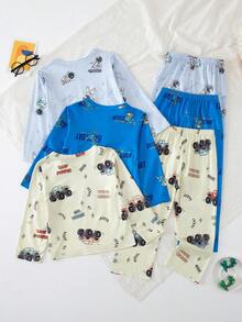 3 Sets Boys Pajama Set Long Sleeve Long Pants Cartoon Print Spring Autumn Home Wear All-Over Print - Multicolor - View 2
