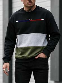 Men's Autumn/Winter Gradient Stripe Print Patchwork Loose Drop Shoulder Crew Neck Sweatshirt - Black - View 1