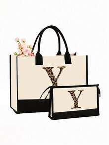 2pcs Canvas Tote Bags With Letter Pattern, Casual Style, Open Design, Fixed Shoulder Strap, Wipeable Clean, Suitable For Travel, Shopping, Also An Ideal Gift For Family And Friends - Multicolor - View 10