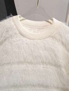 Girls Elegant Solid Color Faux Mink Fur Round Neck Sweater Long Sleeve Knit Pullover Suitable For Daily Casual Spring Autumn Winter - White - View 8