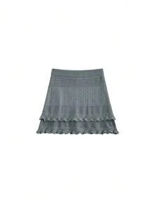 Korean Style Knitted Mini Skirt For Women, Autumn/Winter New Design, Drawstring Slimming High Waist Frill Trim A-Line Skirt - Grey - View 5