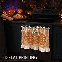 Autumn Farmhouse Style Kitchen Decor, Multi-Functional Oven Protective Curtain, Large Orange Pumpkin With White Floral Pattern And Ruffle Trim, Linen Fabric With Tie Design, Autumn Seasonal Home Decor Kitchen Apron - Multicolor - View 6