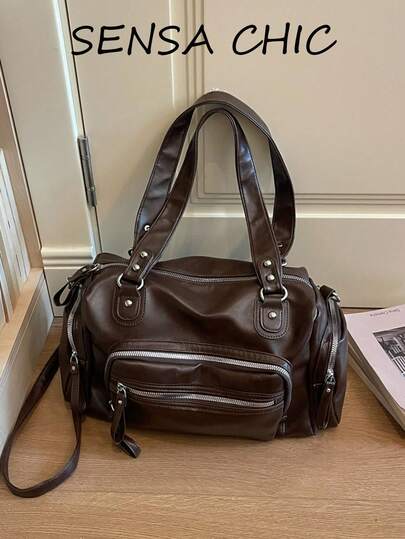 Distressed Glossy Fabric Tote Bag With Multiple Pockets And Zipper Detail, Relaxed Casual Vibe, Loose Large Capacity Style, Suitable For Commuting, Shopping, Travel And Outings, Vintage Niche Design Horizontal Tote Bag