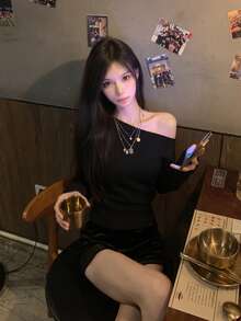 女款法式復古風不對稱肩領針織套頭上衣 秋冬寬鬆腰線長袖毛衣內搭針織上衣 - 黑色 - 查看 3