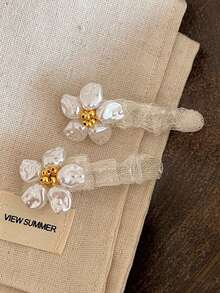 1PC Fairy-Style Lace Sweet Faux Pearl Flower Hair Clip, Side Bangs Straight Clip, Elegant Versatile Duckbill Hair Accessory For Women - Multicolor - View 3