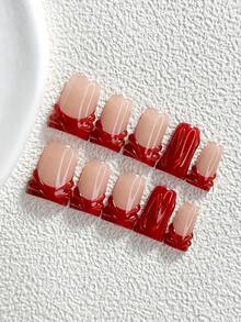 10片手工鮮豔穿戴式美甲片，Polygel美甲套組，極簡法式淚滴風，紅色指甲油，吸睛設計，含美甲工具，3種尺寸可選，杏仁/鴨嘴/棺材形，適合派對、跳舞、日常配戴 - 彩色 - 查看 12