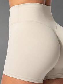 女款休閒運動高腰純色緊身基本款短褲，提臀彈性緊身褲，夏季風格 - 米色 - 查看 9