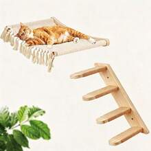 1pc Cat Wall Shelf And 1pc Perch, Tassel Cat Hammock, Cat Ladder, Modern Cat Furniture For Sleeping, Playing And Climbing - Apricot - View 4