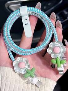 1 Set Sweet Floral Data Cable Protector Compatible With Apple 18W/20W, Ins Sweet Girl Style Data Cable Protector, Gift For Friends, Ideal Small Gift, Christmas Gift - Sheer Pink Flower - View 1