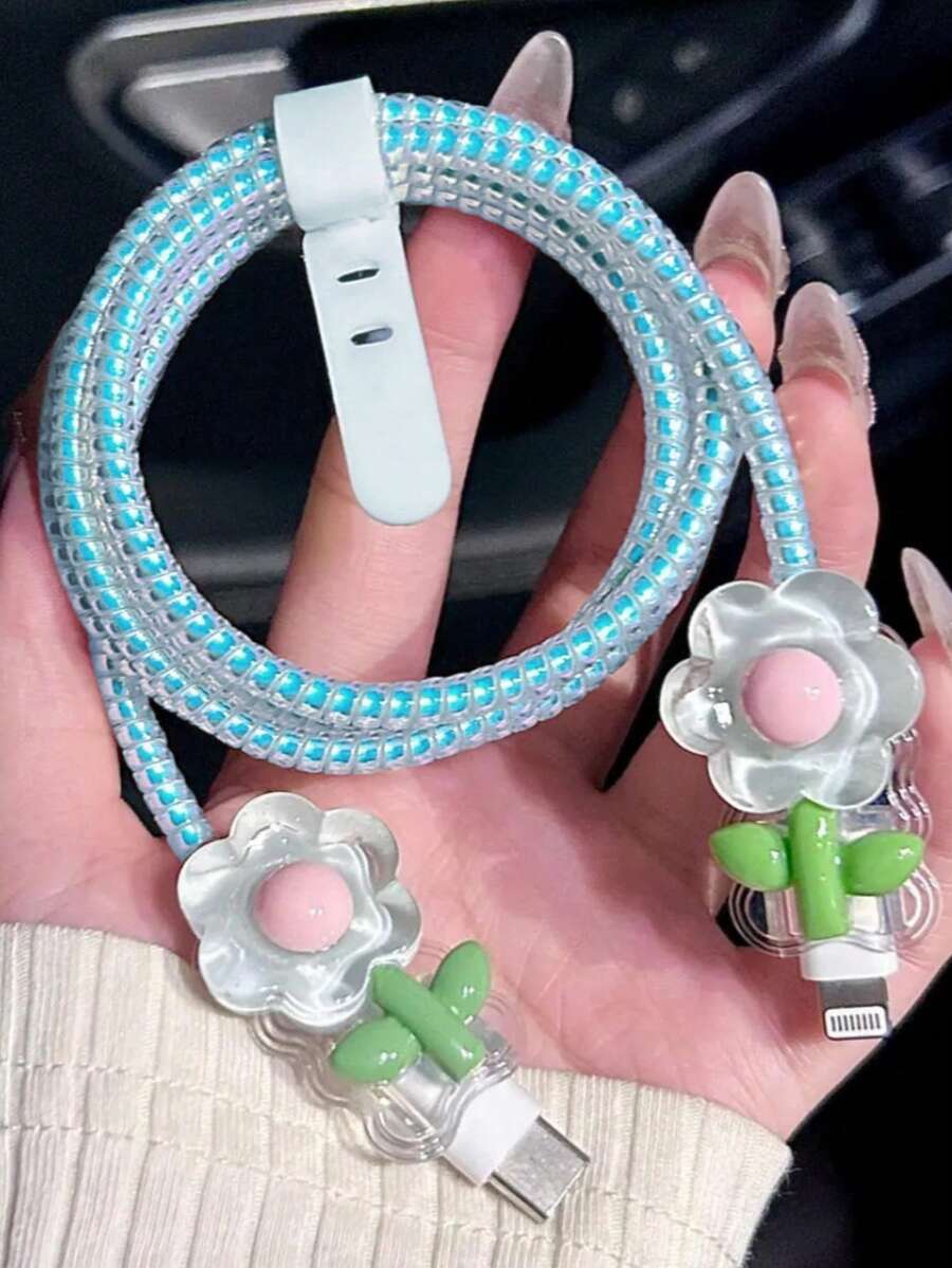 1 Set Sweet Floral Data Cable Protector Compatible With Apple 18W/20W, Ins Sweet Girl Style Data Cable Protector, Gift For Friends, Ideal Small Gift, Christmas Gift - Sheer Pink Flower - View 1
