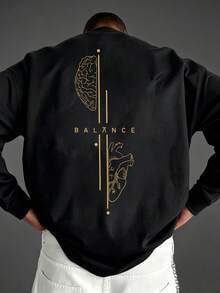 Men's Spring/Autumn Fashion Versatile English Heart & Brain Graphic Print Crew Neck Long Sleeve T-Shirt - Black - View 2