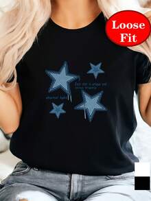 Women's Plus-Size Short-Sleeved Round-Neck T-Shirt - Star Pattern Blouse, -Line Casual Short-Sleeved Summer Top, Round-Neck Blouse - Black - View 3