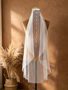 1pc Fingertip Length Single Layer Bridal Veil With Faux Pearl Decorated Hair Comb, For Wedding, Photography, Pre-Wedding Party Headpiece - White - View 8