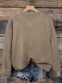 Women's Comfortable Round Neck Knit Top, Fashion Solid Color Long Sleeve Pullover, Loose Fit Basic Sweater, Suitable For Daily Wear - Earth Gray - View 8