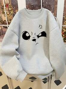 Japanese Style Healing Cartoon Angry Cat Print Crew Neck Sweatshirt, Simple All-Match Loose Fit Versatile Autumn/Winter Sweatshirt - Light Grey - View 3