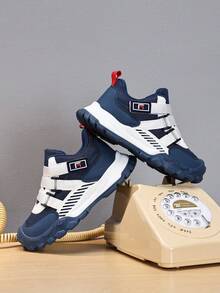 Teens' Fashionable Contrast Color Hook And Loop Sports Shoes - Shock Absorbing Anti-Slip Breathable Mesh Sneakers, Suitable For Outdoor Running And Walking, All Season Wear - Navy Blue - View 5