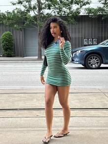Women's Autumn Striped Print Long Sleeve Mini Dress - Multicolor - View 4