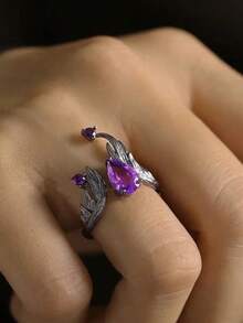 1pc Dark Elf Magic Ring Purple Faux Gemstone Niche Design Premium Sweet Cool Vintage Versatile Ring - Black - View 4