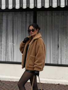 Women's Solid Color Faux Fur Warm Casual Loose Oversized Pocket Jacket, Suitable For Daily Wear, Casual, Commuting, Holidays, Parties, Street Photography - Brown - View 5