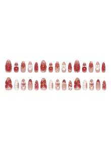 24 Pieces Of Medium-Sized Almond-Shaped Protective Armor, With A 3d Three-Dimensional Flower Pink Gradient Design, Featuring Water Droplet Details, An Elegant Shiny All-Over Style, Suitable For Women's Daily Wear. - Multicolor - View 3