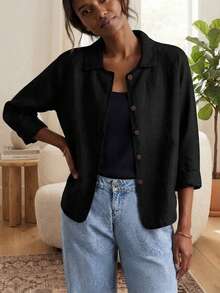 Jisfaneya Solid Color Mandarin Collar Black Jacket, Casual Multipurpose Lightweight Spring/Summer Outerwear - Black - View 3