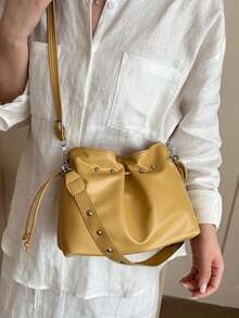 Women's Cloud Bag With Metal Rivet Decor, Adjustable Shoulder Strap, Loose Multi-Compartment Storage, Drawstring Closure, Relaxed Slouchy, Versatile For Daily, Date, Commute, Travel, Shopping, Casual, Underarm And Crossbody Large Bag - Yellow - View 4
