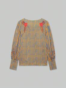 YROOE Women's Autumn/Winter Orange & Blue Vertical Striped Heavy Floral Embroidered Round Neck Front Open Petal Sleeve Short Vintage Jacket - Multicolor - View 3