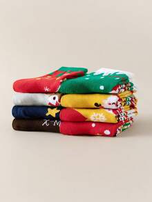 8/4 Pairs Autumn/Winter Kids Christmas Socks, Red Christmas Girl Socks, Boy Socks, Festive Atmosphere, Cute Cartoon Santa Claus, Reindeer, Gingerbread Man Patterns - Multicolor - View 8