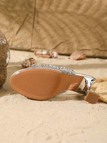 On feet& in love Women's Summer Fashion Elegant Rhinestone Open Toe High Heel Sandals, Versatile Commuter High Heel Slippers, Suitable For Matching With Dresses - Silver - View 4