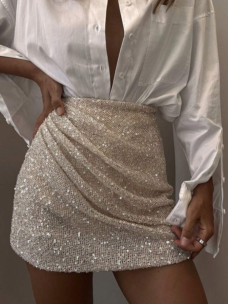 Unadoll Women's Autumn Beige Sequin Mini Skirt, Elegant High Waist Ruched Bodycon Skirt, Suitable For Parties, Date Nights And Back To School Season - Apricot - View 1