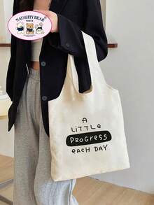 1pc Beige The New Muse English Barcode Print Women's Canvas Tote Bag, Vest Bag, Portable Shopping Bag For Outings - Beige - View 3