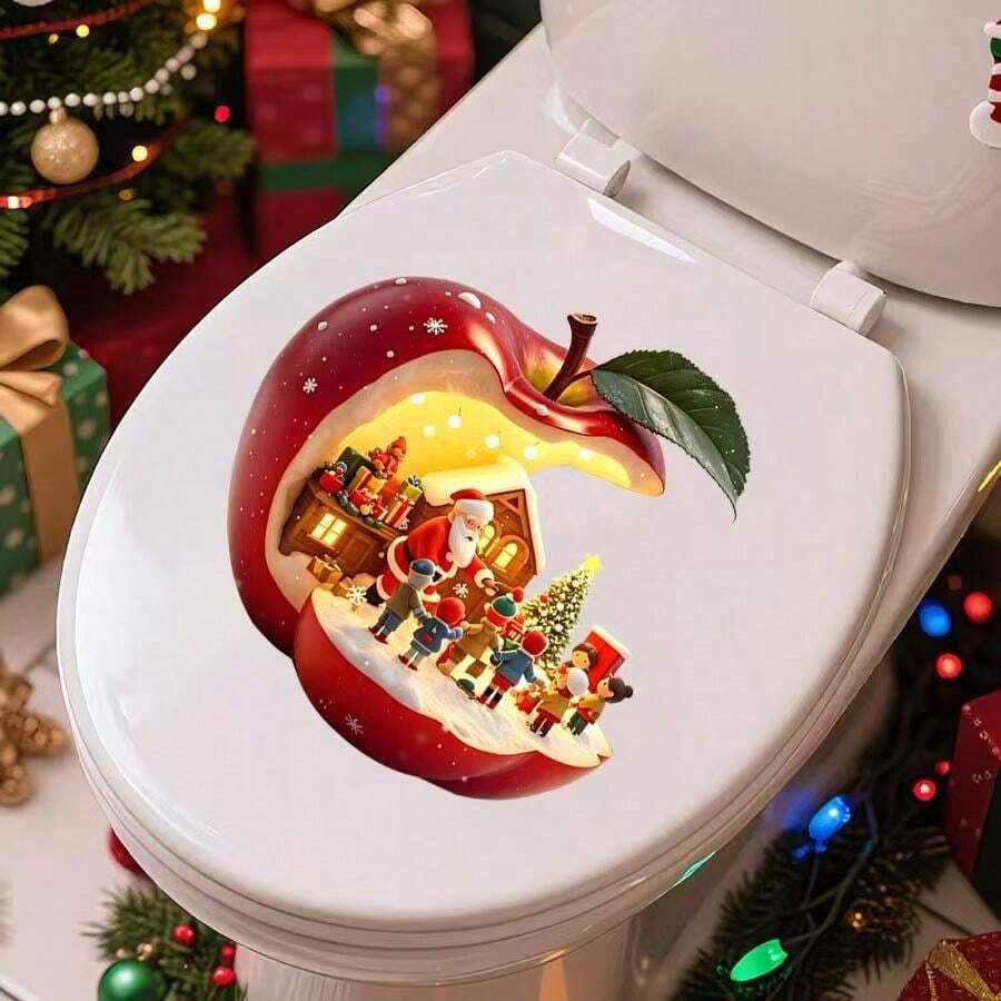 1pc Christmas Red Apple Santa Claus House Window Sticker, Holiday Home Glass Decor, Celebrate Christmas, Suitable For Windows, Doors, Living Room, Bedroom, Kitchen, Dining Area, Hallway And Apartment Interior Spaces - 1PC - View 1