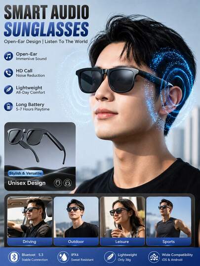 YAIUZGOO Smart Audio Fashion Glasses, Open-Ear Bluetooth 5.3 Fashion Glasses, Supports HD Calls, Lightweight Wireless Music Glasses, 5-7 Hours Playback Time, Fashion Neutral Design, Suitable For Driving, Outdoor, Sports And Daily Use, Compatible With IOS And Android
