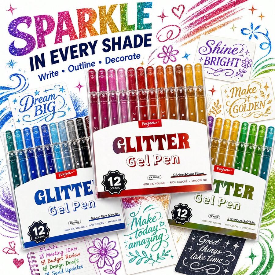 12 Colors Glitter Gel Pens, Vibrant Colors With Shiny Glitter, Smooth Writing, Suitable For Diary, Notes, Drawing, Greeting Card Making And DIY Crafts, Back To School Supplies - Sets - View 1
