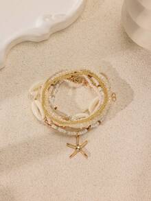 7pcs Tropical Ocean Boho Style Beaded Alloy Starfish & Shell Decor Bracelet Set - Apricot - View 7