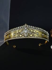 1pc Baroque Gold Rhinestone Tiara Crown Vintage Crystal Queen Headband Bridal Wedding Prom Evening Party Hair Jewelry - Gold - View 4
