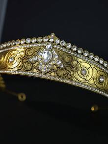 1pc Baroque Gold Rhinestone Tiara Crown Vintage Crystal Queen Headband Bridal Wedding Prom Evening Party Hair Jewelry - Gold - View 6