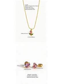 VceTd 1/2/3PCS Romantic Cute Style Stainless Steel Women's Jewelry Set With Pink Glass Inlaid Heart/Rose Pendant Design, Suitable For Women's Daily Wear, Date, Or Gift - Yellow Gold - View 2