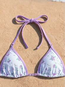 SwimNova Spring/Summer Fresh Floral Halter Neck Light Purple Trim Bikini Top And Triangle Bottom 2 Pieces Set For Beach Vacation Party - Multicolor - View 4