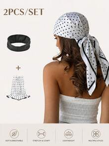 2PCS-polka Dot Square Scarf + Black Headband