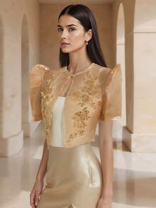 蝴蝶袖 Filipiniana 風格女款優雅花瓣袖亮片圖案短袖上衣 - 金色 - 查看 3