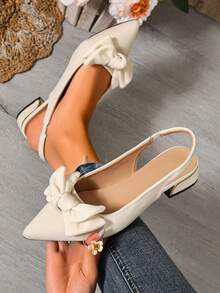 Women's Elegant Beige Bow Pointed Toe Slingback Sandals, Low Heel Fashion Closed Toe Back Strap Shoes For Home - Beige - View 7