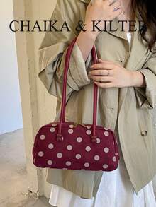 CHAIKA & KILTER 1pc Colorblock Matte Suede Fabric Shoulder Bag Women's Fashion Large Capacity Bowling Bag All-Over Polka Dot Pattern Dual Handle Design Zipper Closure Suitable For Daily And Street Use - Red - View 7