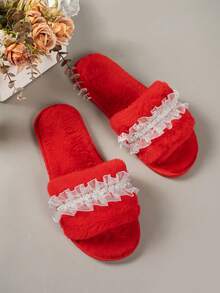 Women's Home Slippers Solid Color Fashion Fabric Lace Patchwork Pearl Strap Indoor Autumn/Winter One-Strap Cotton Slippers - Red - View 11