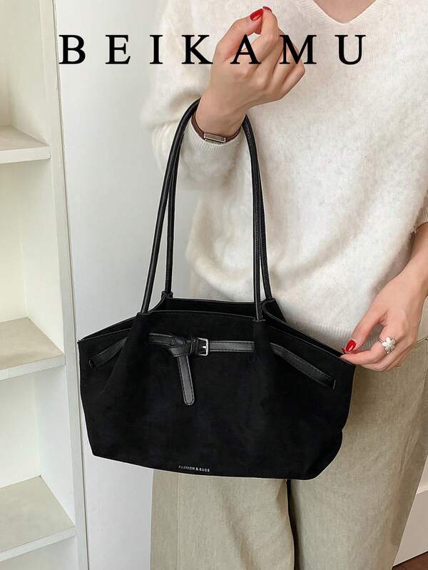 Vintage Black Faux Suede Tote Bag For Women, Strap Decor Large Capacity Commuter Shoulder Bag, Minimalist Textured Handbag Underarm Bag