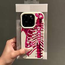 1 قطعة بطانية هاتف TPU بتصميم جمجمة وعظام متدرج باللون الأحمر الوردي وملمس ليتشي، متوافق مع سلسلة أبل 17 16 15 14 13 12 11 بلس برو ماكس، بأسلوب إنستغرام شخصي - لون مشمشي - مشاهدة 5