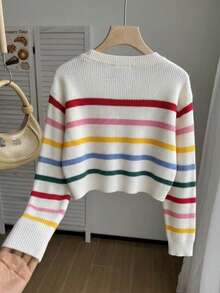 Girls' Colorful Striped Short Knit Cardigan Sweater Jacket, Suitable For Vacation, Party, Spring, Autumn, Winter - Apricot - View 3