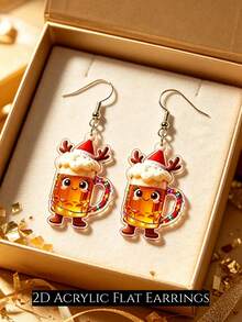 2D Cute Christmas Beer Mug Dangle Earrings, Cartoon Wine Glass With Christmas Hat And Deer Antlers Acrylic Pendant Earrings, Fun Christmas Party Women's Jewelry Gift - Christmas Beer Mug - View 2