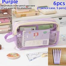 6pcs (1 Pencil Case + 5 Pens) Multi-Layer Pencil Case, Multi-Functional Large Capacity, Zipper Closure, Independent Compartments, Convenient Mesh Storage Design, Multi-Color Options, Your Ideal Office Desk Organizer, Suitable For Office And School Pencil, Ballpoint Pen, Colored Pencil Storage, Unisex, Back To School Gift For Friends - A - View 15
